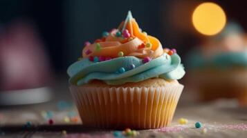 Delectable birthday cupcake delicately placed on a light-colored table photo