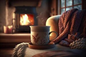 Mug with hot tea standing on a chair with woolen blanket, living room photo