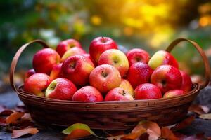 Fall's delicious offering, basket bursting with red juicy organic apples, autumn setting photo