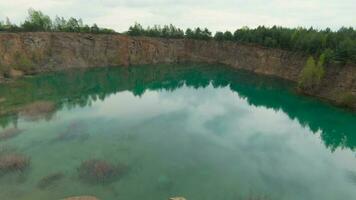 Flug Über das Türkis Oberfläche von das See, das Wald wächst auf das Ufer. grodek Park, Polen video