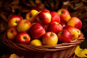 vibrante otoño mostrar, cesta de rojo orgánico manzanas con amarillo hojas ai generado foto