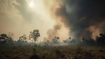 extenso bosque fuego con pesado oscuro fumar en tropical bosque. porque de deforestación. ai generado foto