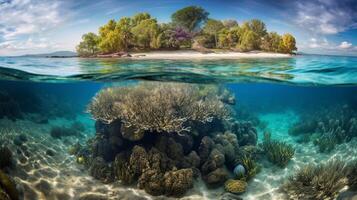 Tropical Island And Coral Reef Split View With Waterline photo