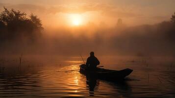 pescador pescar en brumoso amanecer ai generado foto