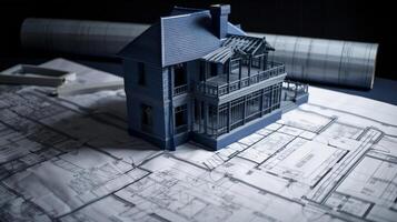 blueprint designs and a home model for a construction project. Background in real estate, housing project building, and engineering design photo