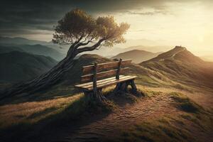 wooden bench sitting on top of a hill photo