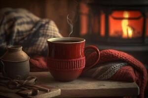 Cozy scene near fireplace with a Red enameled mug with hot tea and cozy warm scarf photo