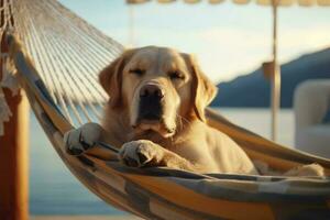 Relaxed dog enjoys hammock lounging during summer holidays AI Generated photo