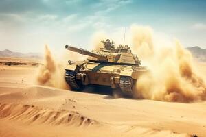 Explosive battleground, Armored tank conquers minefield in epic desert invasion AI Generated photo