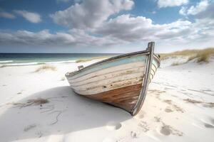 Beachside allure, Weathered boat nestled on white sand, under cloudy skies photo