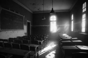 vacío aula, antes de el lecciones comienzo ai generado foto