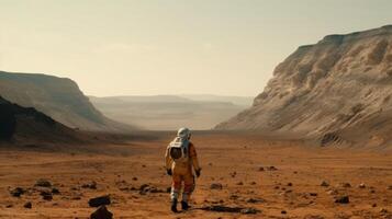 Astronaut walking on an unexplored planet photo