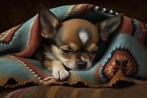 chihuahua perrito dormido en un cobija ai generado foto