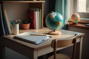 students desk sits with notebook and a globe out on it photo