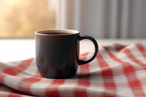 Black coffee mug mockup on the linen napkin photo