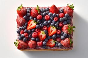 Eye-catching presentation, top view of a cake adorned with fresh berries photo