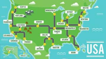 dibujos animados vector mapa de EE.UU. viaje ilustración con americano principal ciudades