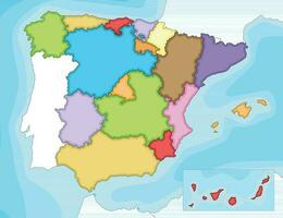 Vector illustrated blank map of Spain with regions and territories and administrative divisions, and neighbouring countries. Editable and clearly labeled layers.