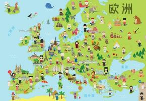 Funny cartoon map of Europe in chinese with childrens of different nationalities, monuments, animals and objects of all the countries. Vector illustration for preschool education and kids design.