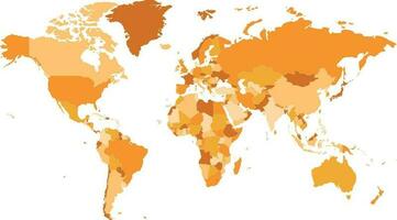 Political blank World Map vector illustration with different tones of orange for each country. Editable and clearly labeled layers.