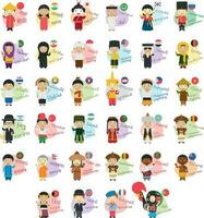 Vector illustration set of cartoon characters saying hello and welcom in 34 languages spoken in Asia and Oceania