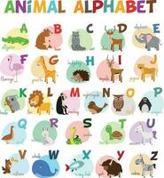 Cute cartoon zoo illustrated alphabet with funny animals. English alphabet. Learn to read. Isolated Vector illustration.