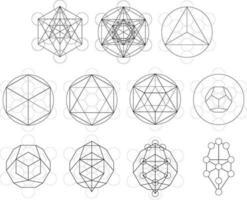 Set of geometrical elements and shapes. Sacred Geometry Metatrons Cube development. Vector designs