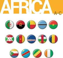 Set of 14 bottlecap flags of Africa. Set 1 of 4. Vector Illustration. Algeria, Angola, Benin, Botswana, Burkina Faso, Burundi, Cameroon, Cape Verde, CAR, Chad, Comoros, Congo DR, Congo, Cote dIvoire.