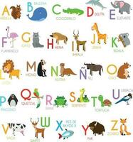 Cute cartoon zoo illustrated alphabet with funny animals. Spanish alphabet. Learn to read. Isolated Vector illustration.