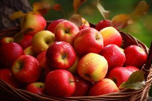 Fall's delicious offering, basket bursting with red juicy organic apples, autumn setting photo