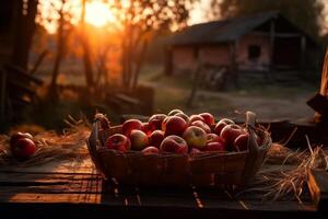 Red Apples In Basket On Aged Table At Sunset photo