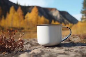 Blank enamel coffee cup mockup, empty camping mug in wild nature, presentation photo
