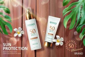 Sunscreen ads with tropical plants and plumeria laying on the wooden plank background in 3d illustration vector