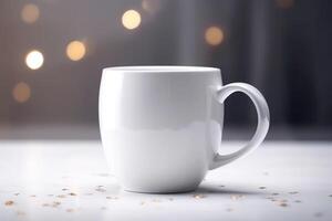 White blank coffee mug mockup for design presentation, festive silver photo