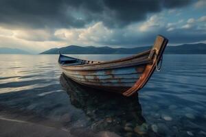 Nautical nostalgia, Old wooden boat amidst azure sea, under cloudy skies photo