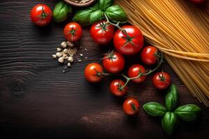 Italian culinary inspiration, pasta, tomatoes on rustic background copy space photo
