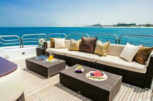 Interior of luxury motor yacht at sunset in Dubai,UAE photo