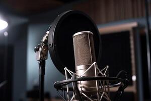 Studio microphone and pop shield on mic in the empty recording studio with copy space photo