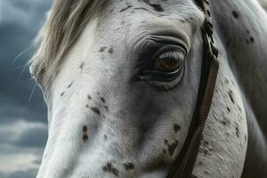 sorprendentes caballos ojo irradia fuerza en contra nublado cielo, fluido melena ai generado foto