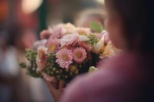 Mother holding a bouquet of flowers. photo