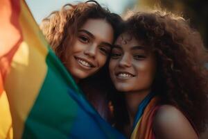 Portrait of happy lesbian couple smiling holding rainbow flags on pride event. photo