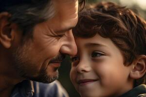 Happy father and son looking at each other in the park. photo