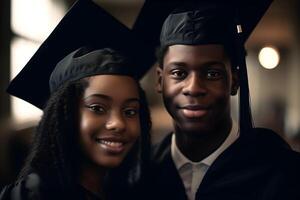 Portrait of happy African couple in graduation caps. photo