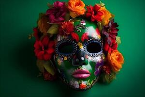 Day of the Dead sugar skull mask with flowers on green background. photo