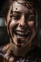 A girl with chocolate on her face with chocolate. photo