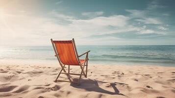 un playa silla en el arena con azul cielo antecedentes. generativo ai foto