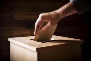 mano poniendo un votar papel en un de madera votación caja. generativo ai foto