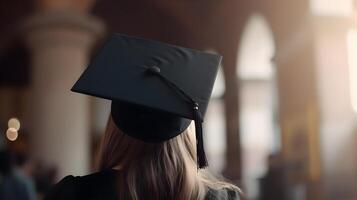 cerca arriba de un mujer vistiendo graduación gorra. generativo ai foto