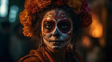 Portrait of a beautiful woman with sugar skull makeup. photo