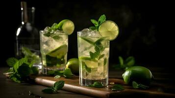 Mojito cocktail with lime, mint and ice on wooden table photo